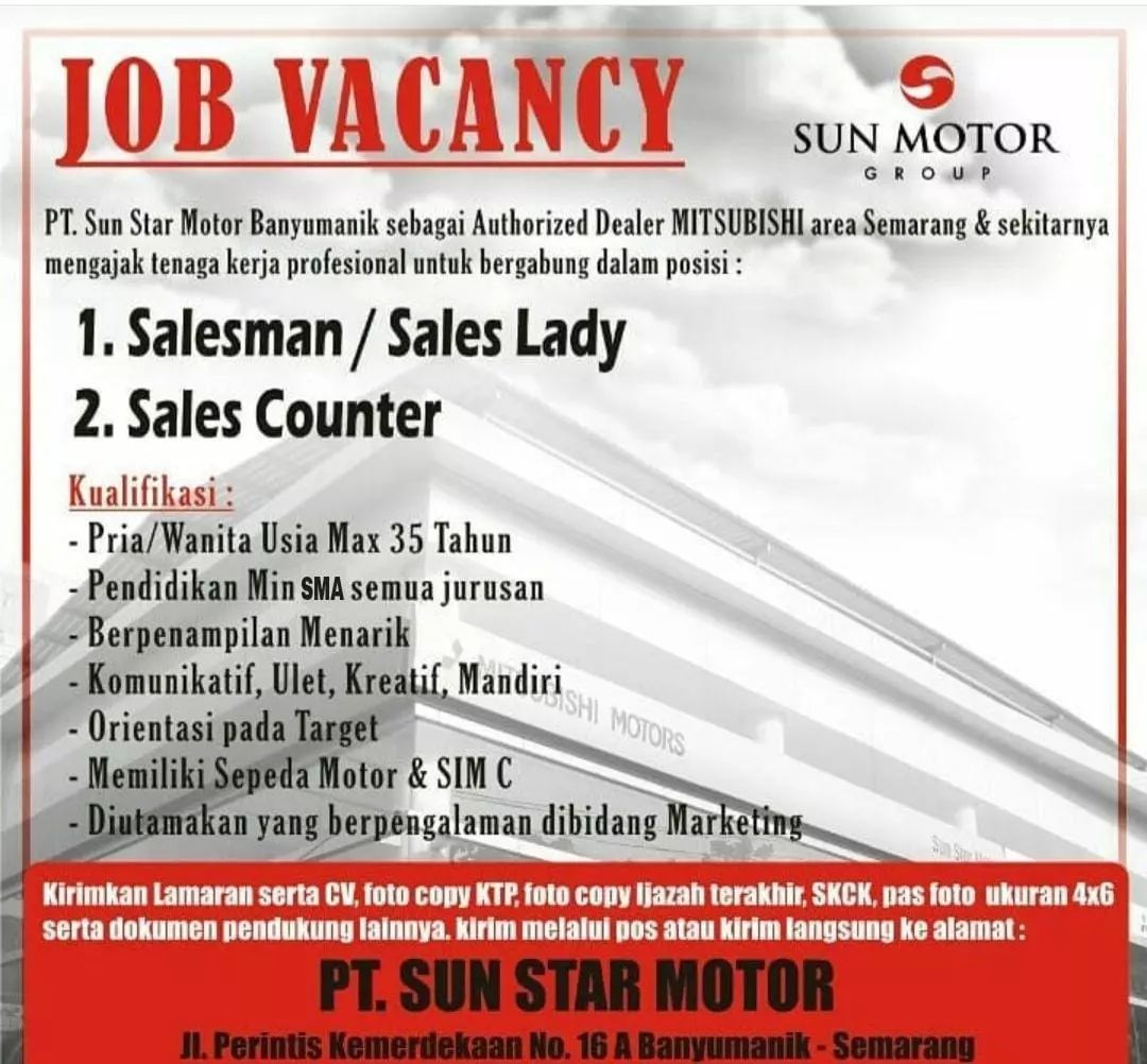 Lowongan Kerja Salesman & Sales Counter di PT. Sun Star Motor Semarang