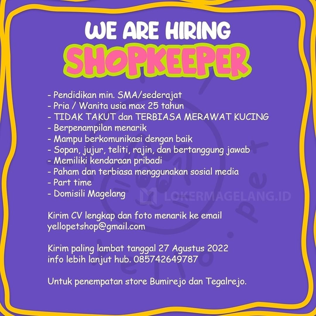 Lowongan Kerja Shopkeeper di Yello Petshop Magelang