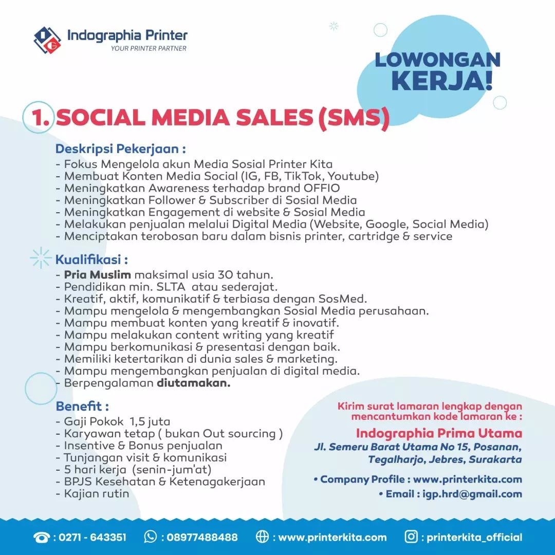Lowongan Kerja Social Media Sales di Indographia Printer Solo