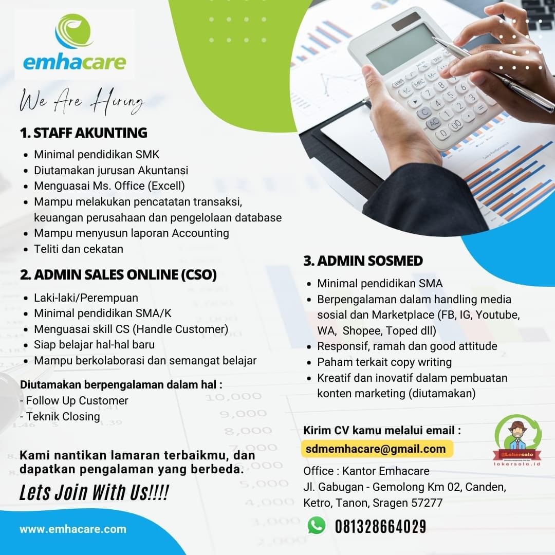 Lowongan Kerja Staff Accounting & Admin Sosmed di Emha Care Sragen