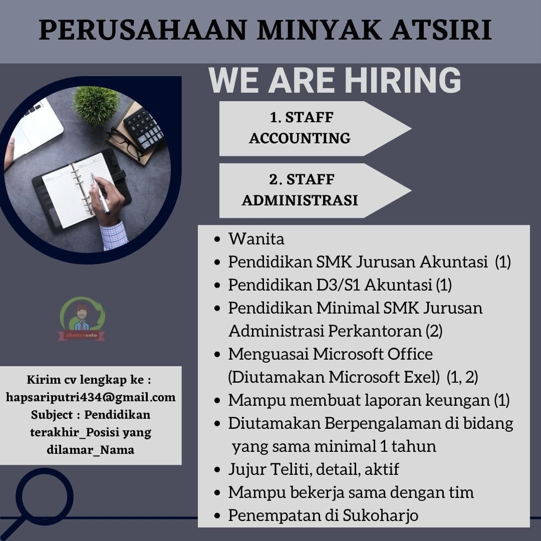 Lowongan Kerja Staff Accounting & Administrasi di Perusahaan Minyak Atsiri Sukoharjo