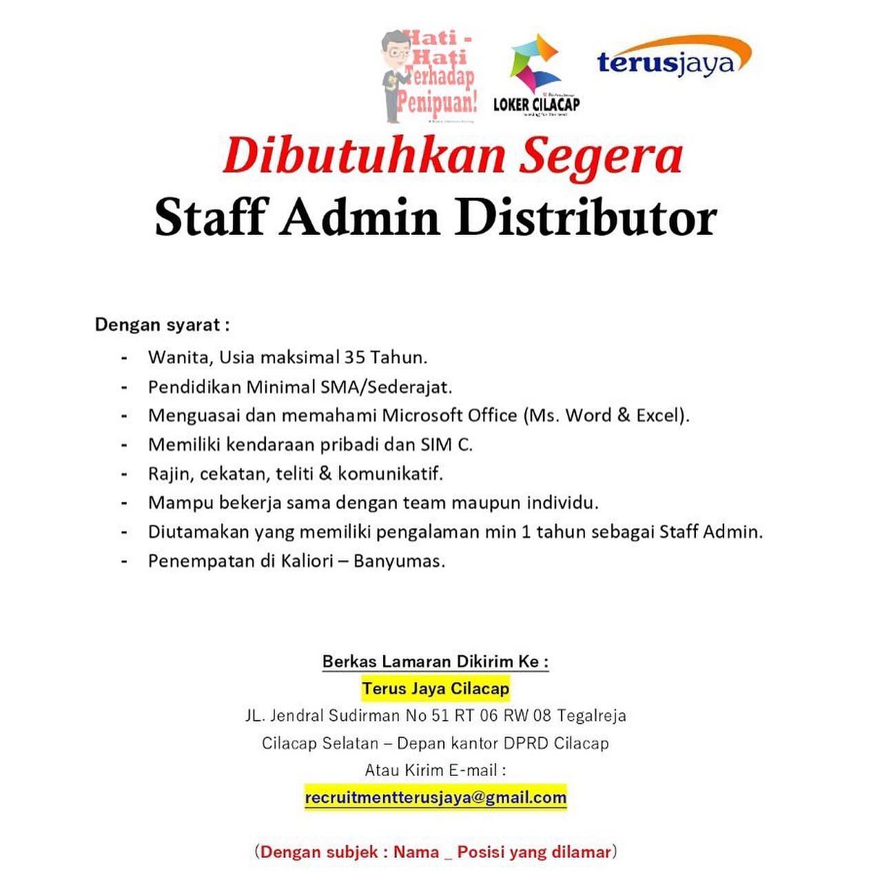 Lowongan Kerja Staff Admin Distributor di Terus Jaya Cilacap