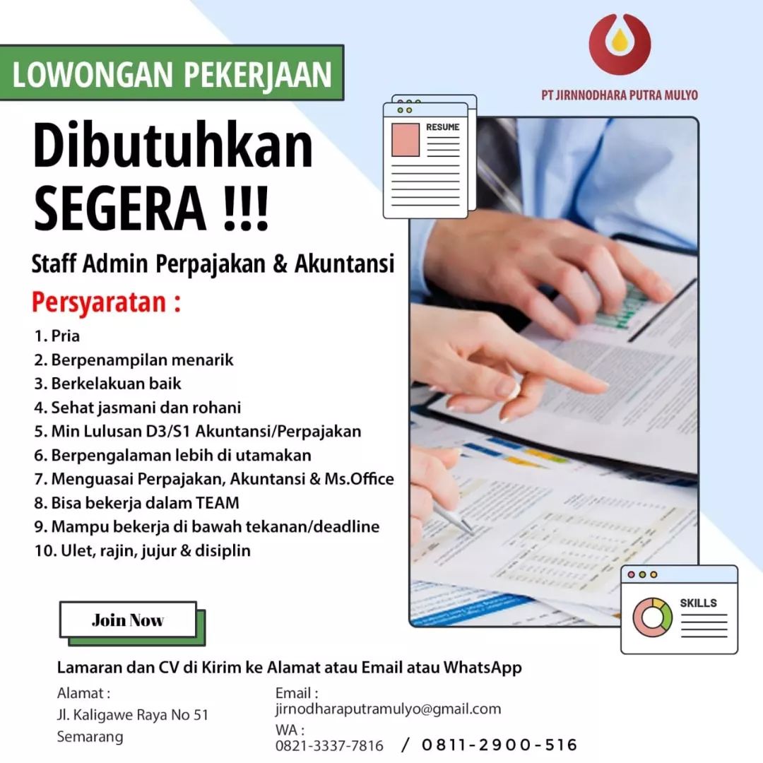 Lowongan Kerja Staff Admin Perpajakan & Akuntansi di PT. Jirnnodhara Putra Semarang