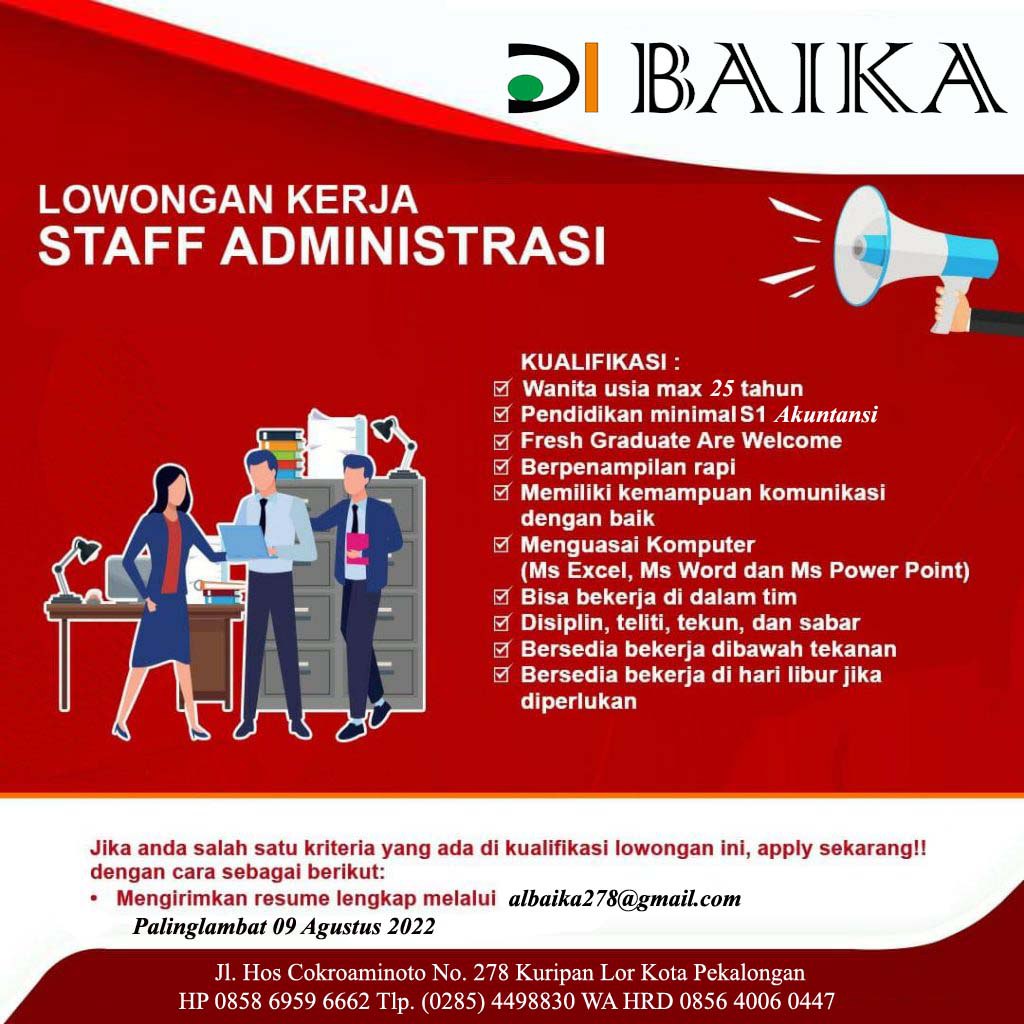 Lowongan Kerja Staff Administrasi di Baika Pekalongan