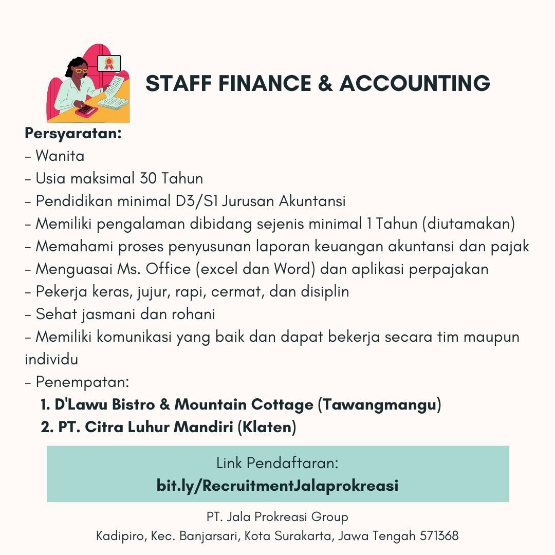 Lowongan Kerja Staff Finance & Accounting di PT. Jala Prokreasi Group Surakarta
