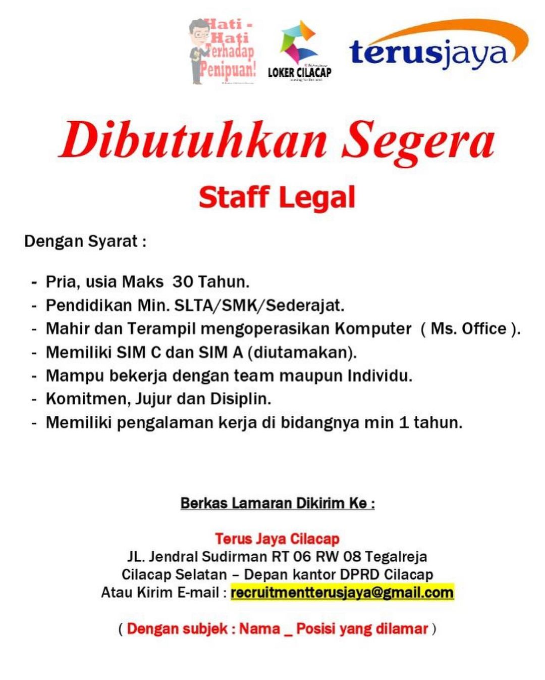 Lowongan Kerja Staff Legal di Terus Jaya Cilacap