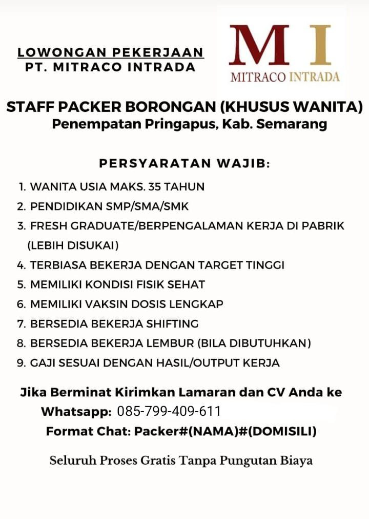 Lowongan Kerja Staff Packer Borongan di PT. Mitraco Intrada Kab.Semarang