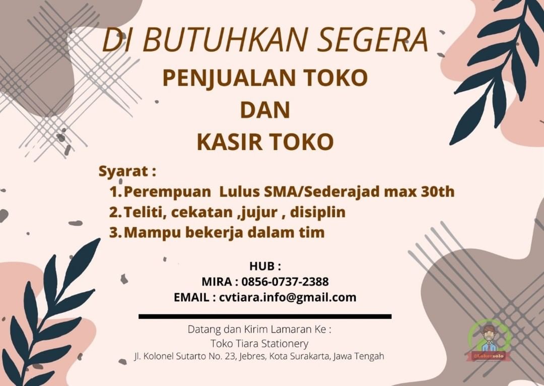 Lowongan Kerja Staff Penjualan Toko & Kasir di Toko Tiara Stationary Solo