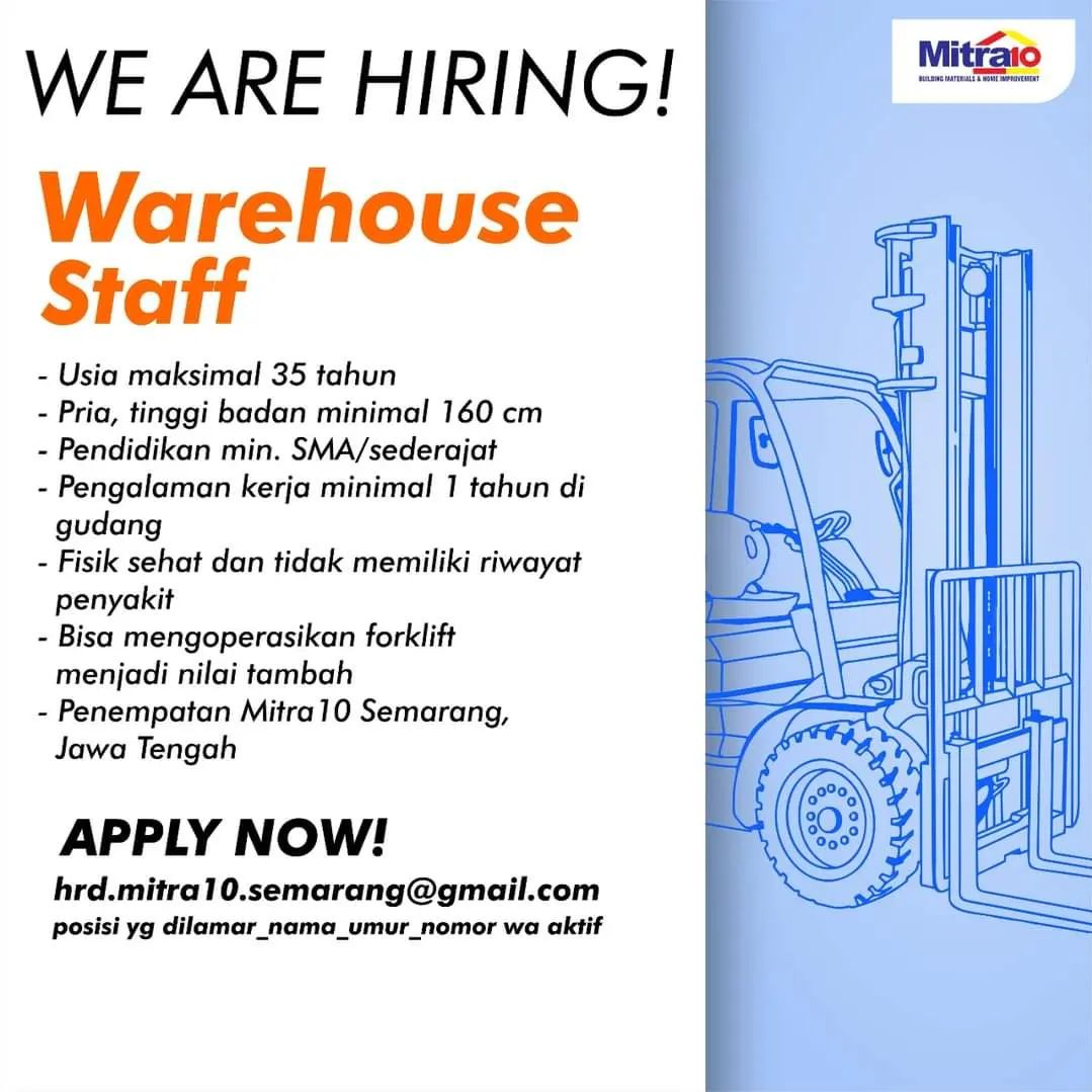 Lowongan Kerja Staff Warehouse (Gudang) di Mitra 10 Semarang