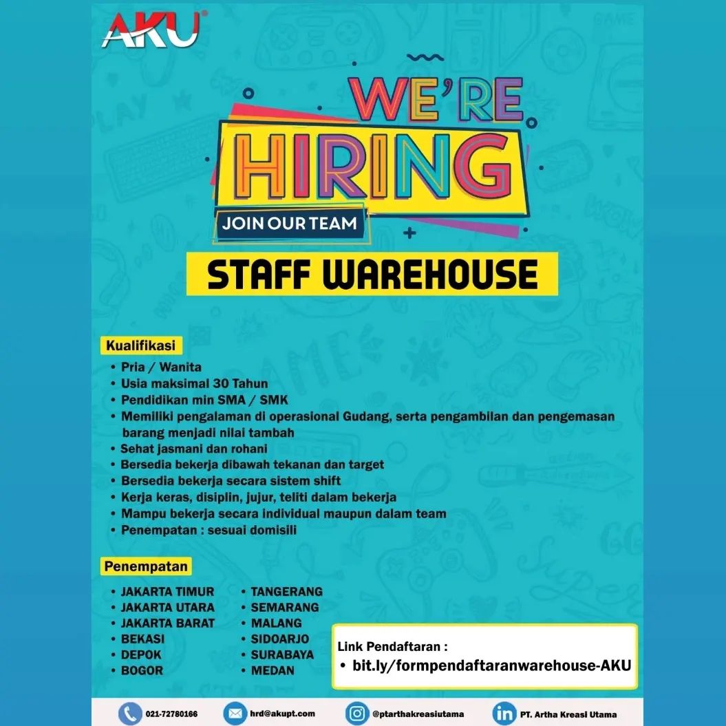 Lowongan Kerja Staff Warehouse (Gudang) di PT. Artha Kreasi Utama Semarang