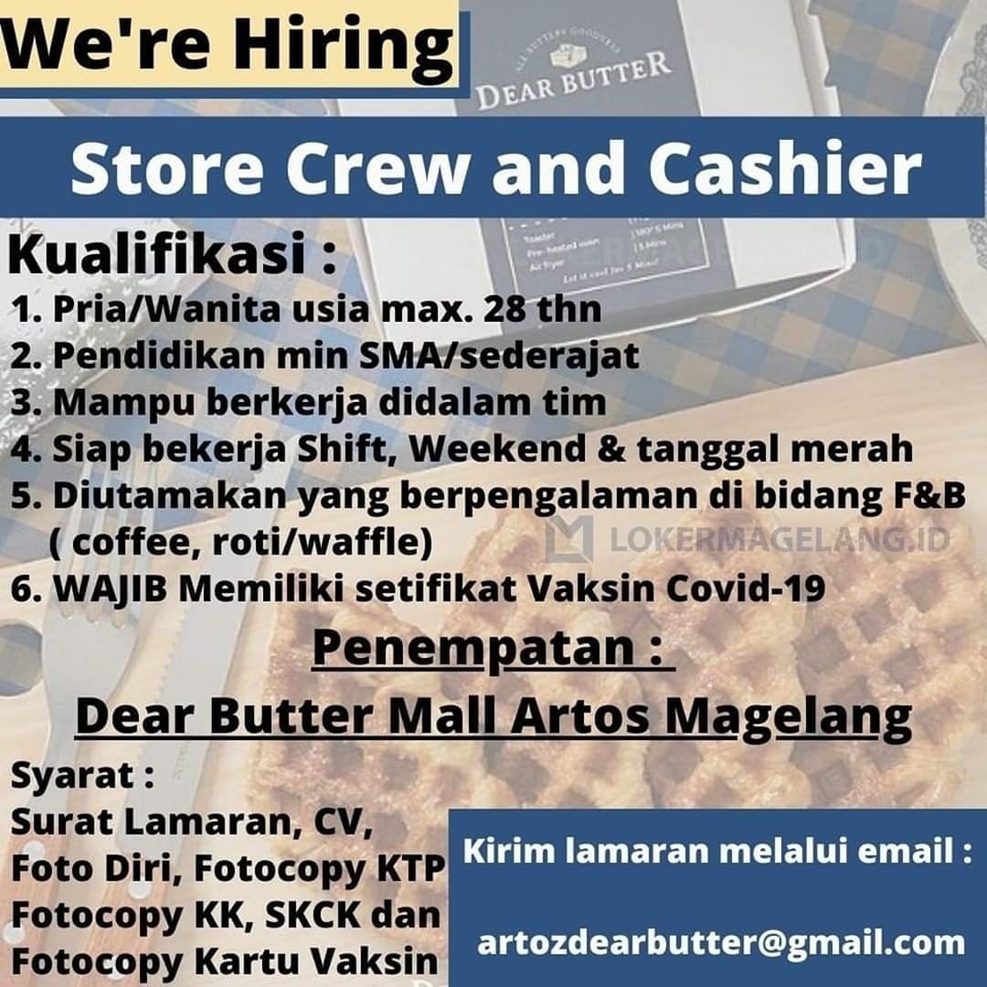 Lowongan Kerja Store Crew & Kasir di Dear Butter Mall Artos Magelang