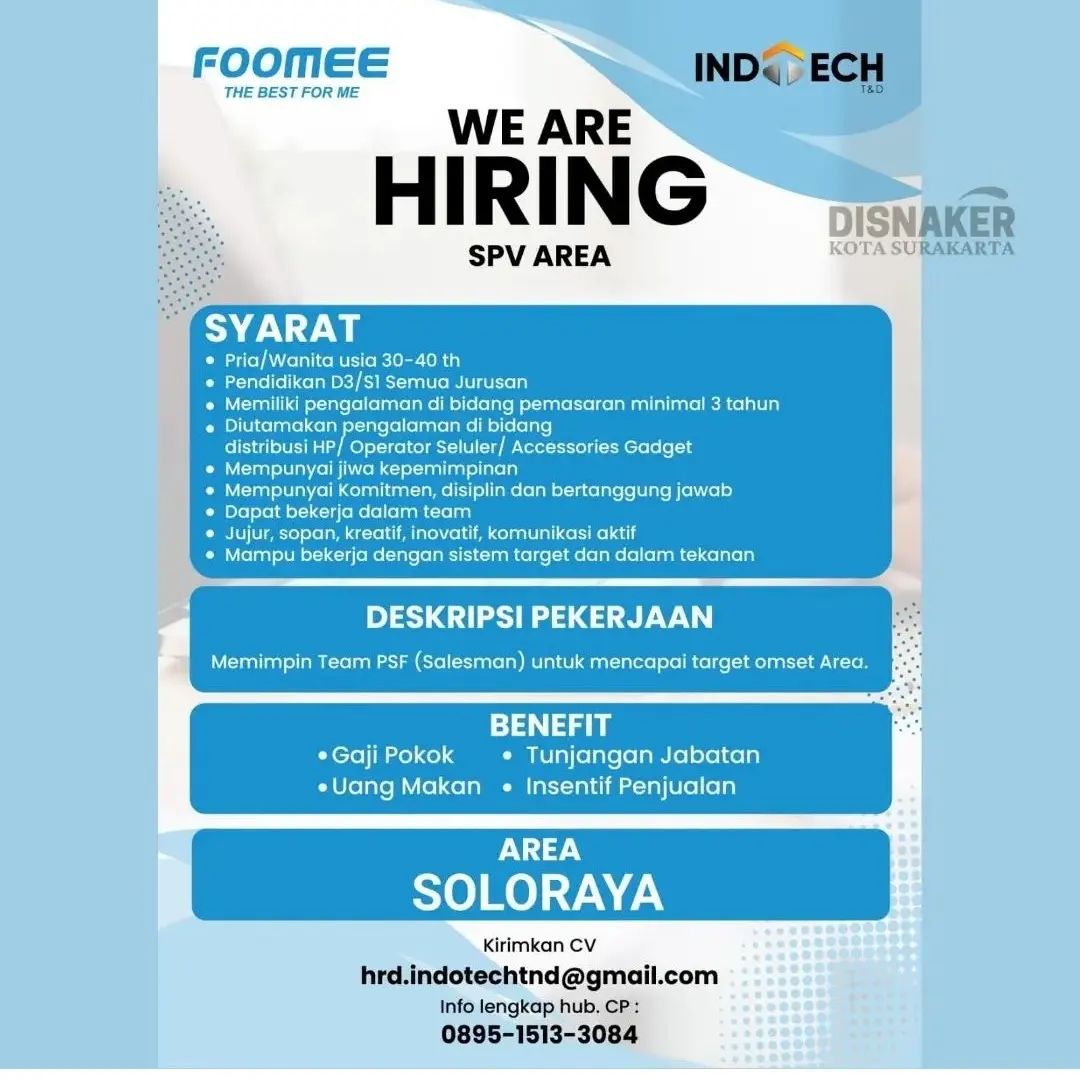 Lowongan Kerja Supervisor Area di Indotech Solo Raya