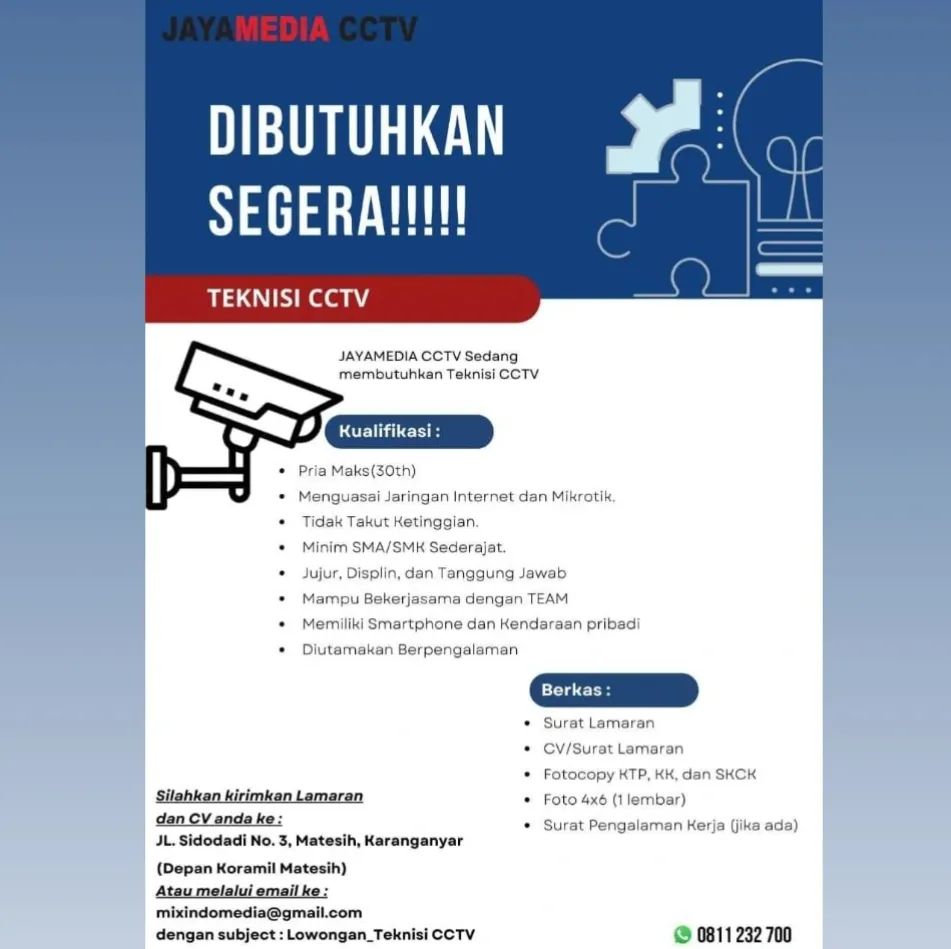 Lowongan Kerja Teknisi CCTV di Jaya Media CCTV Karanganyar