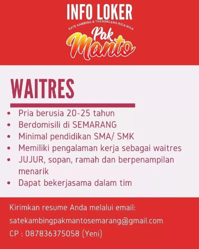 Lowongan Kerja Waitres di Sate Kambing Pak Manto Semarang