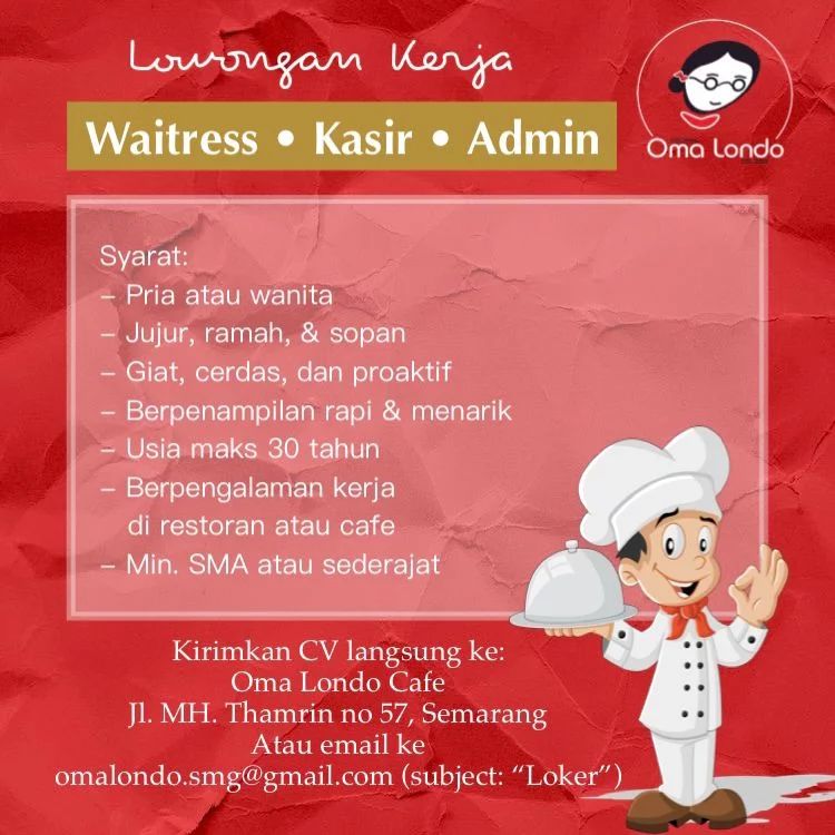 Lowongan Kerja Waitress, Kasir & Admin di Oma Londo Cafe Semarang