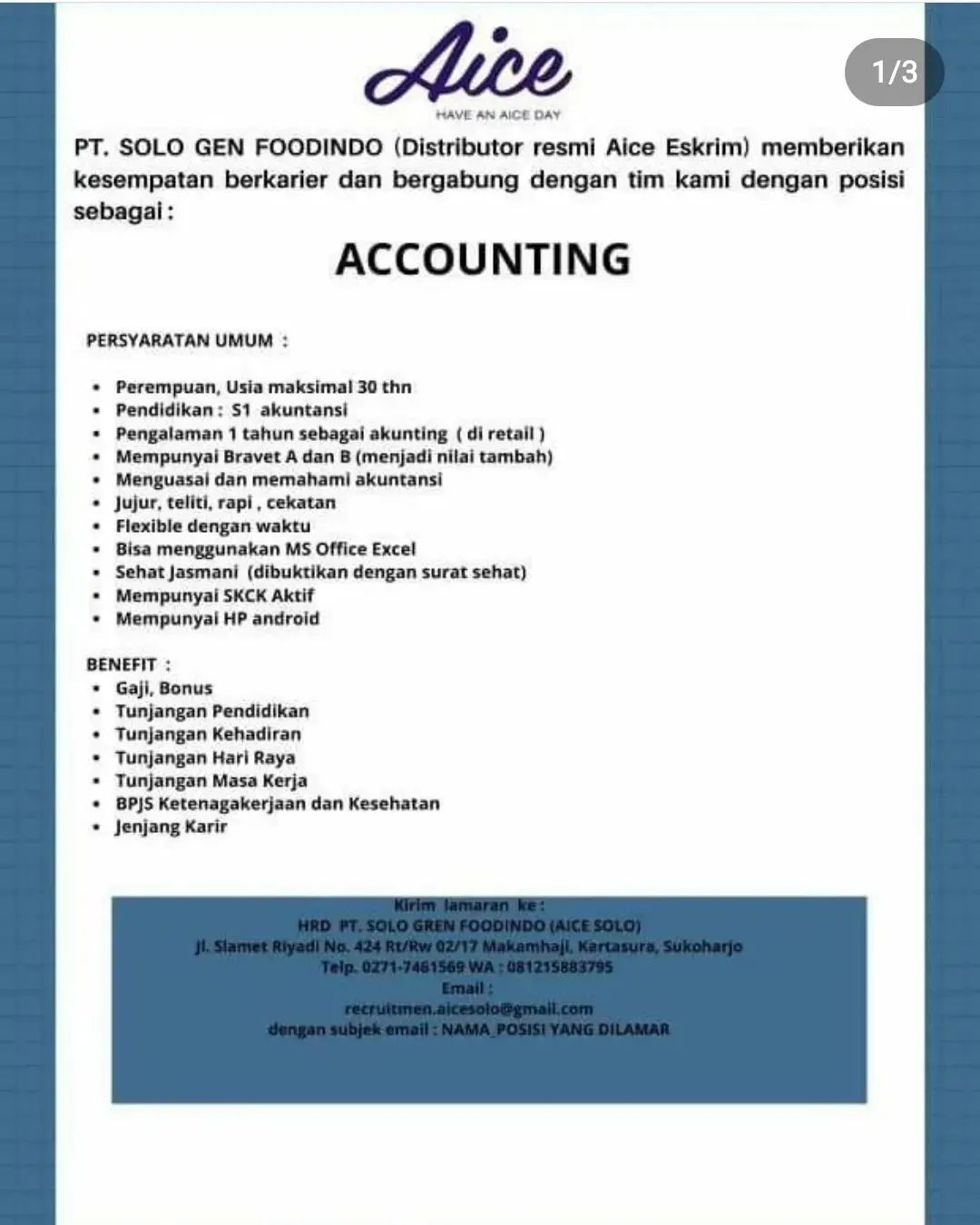 Lowongan Kerja Accounting di PT. Solo Gen Foodindo Sukoharjo