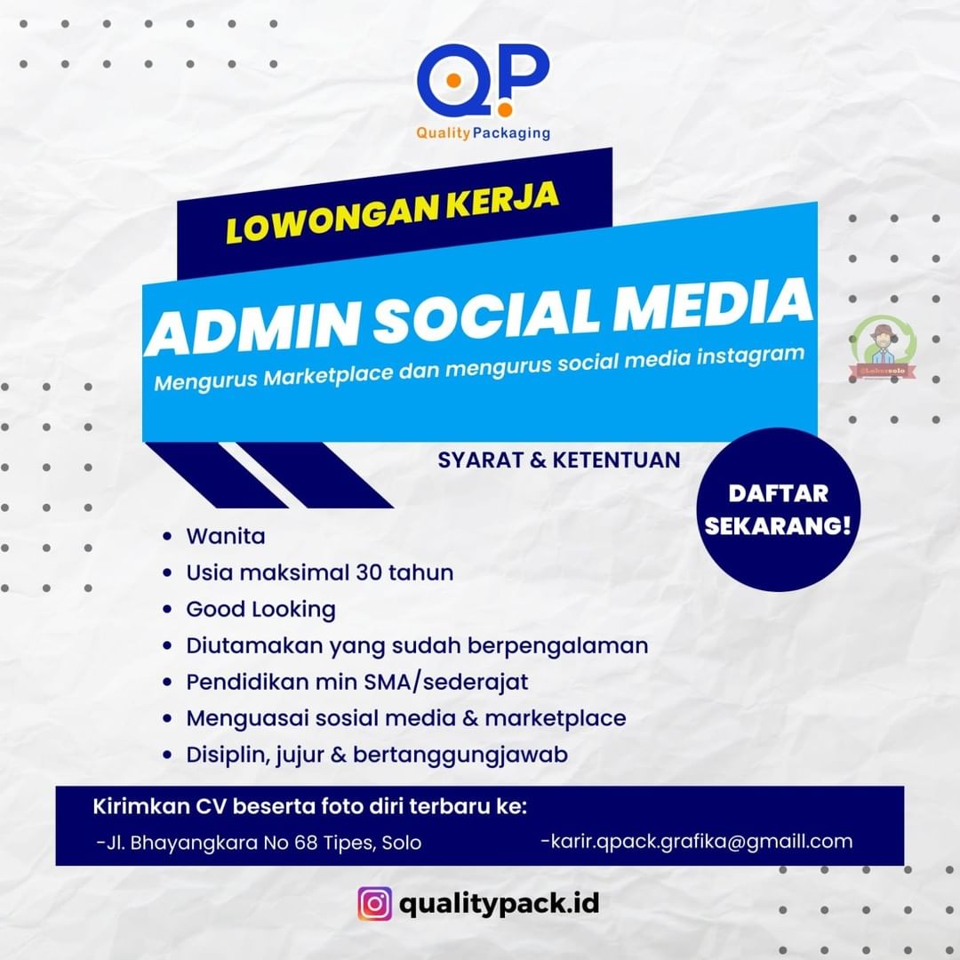 Lowongan Kerja Admin Social Media di Quality Packaging Solo