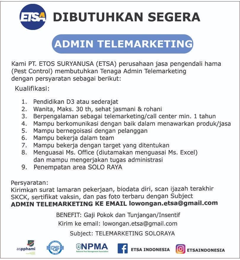 Lowongan Kerja Admin Telemarketing di PT. Etos Suryanusa (ETSA) Solo