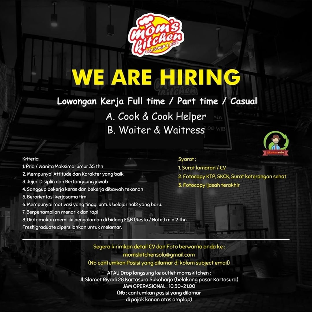 Lowongan Kerja Cook & Waitress di Mom's Kitchen Solo