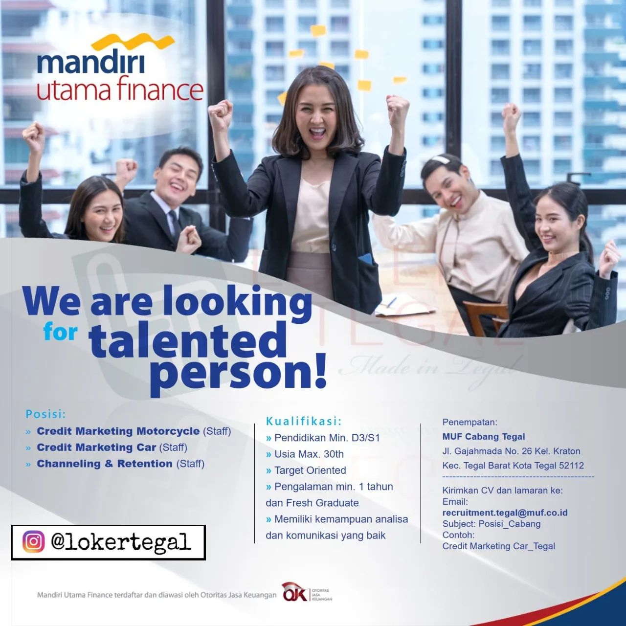 Lowongan Kerja Credit Marketing di Mandiri Utama Finance Tegal