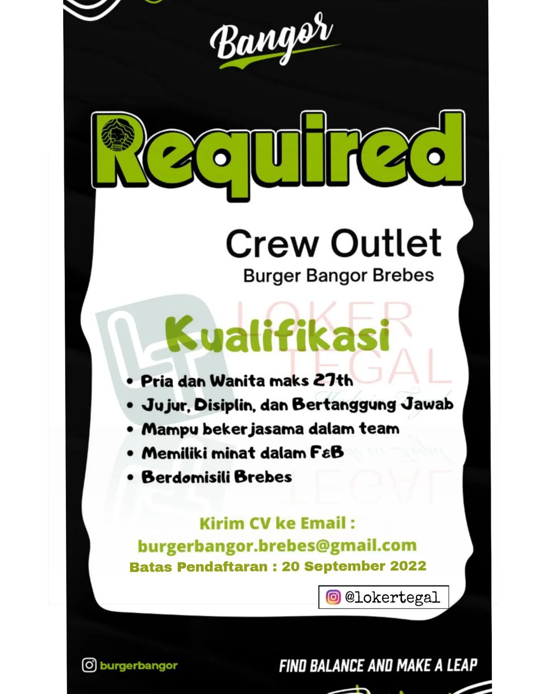 Lowongan Kerja Crew Outlet Burger Bangor di Brebes