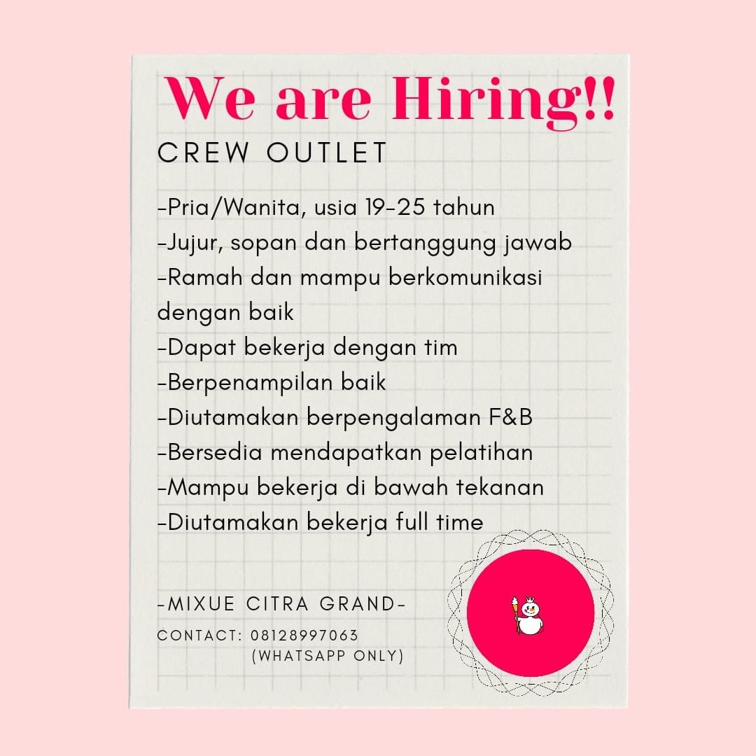 Lowongan Kerja Crew Outlet di Mixue Citra Grand Semarang