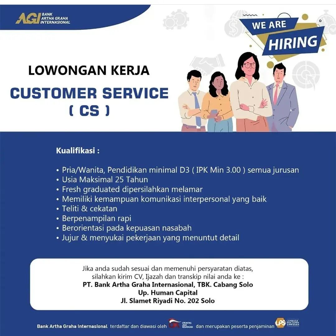 Lowongan Kerja Customer Service di Bank Artha Graha International Solo