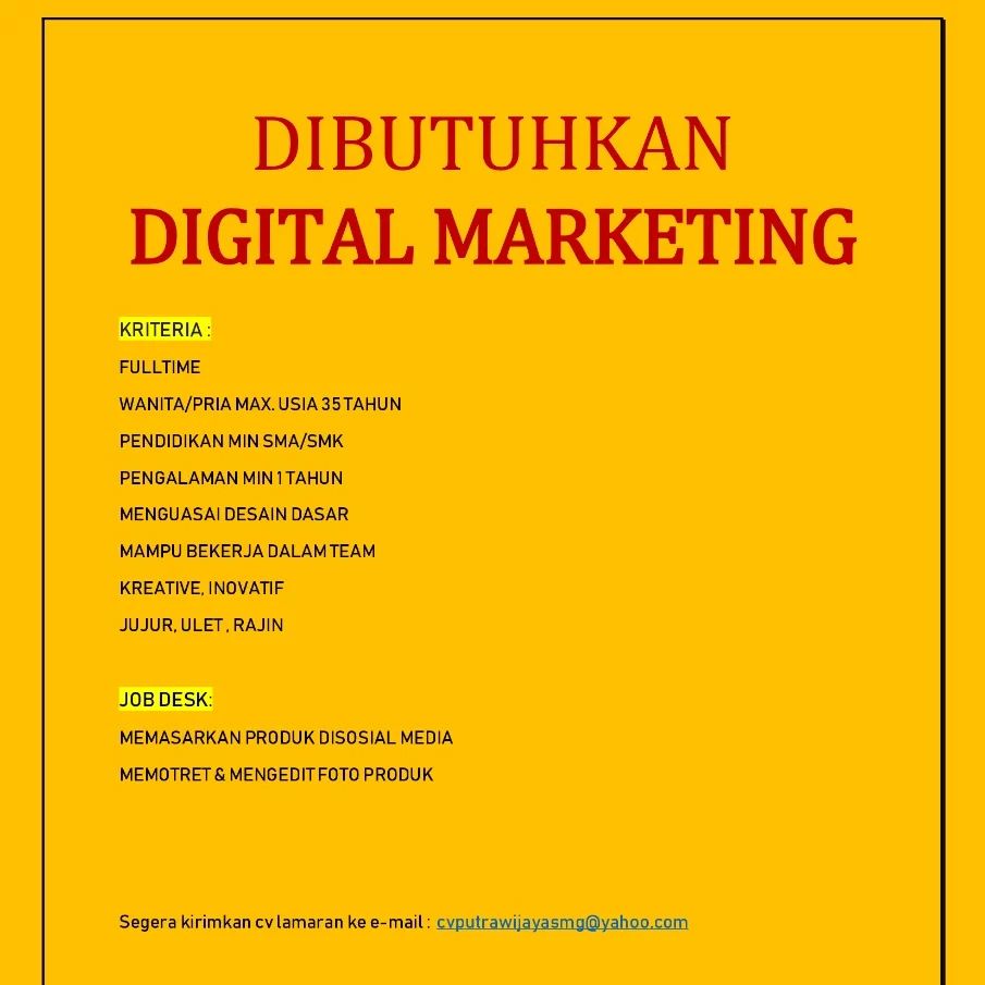 Lowongan Kerja Digital Marketing di CV Putra Wijaya Semarang