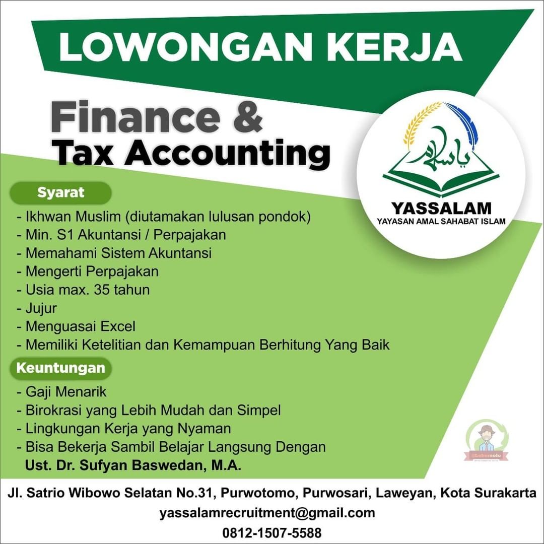 Lowongan Kerja Finance & Tax Accounting di Yassalam Surakarta