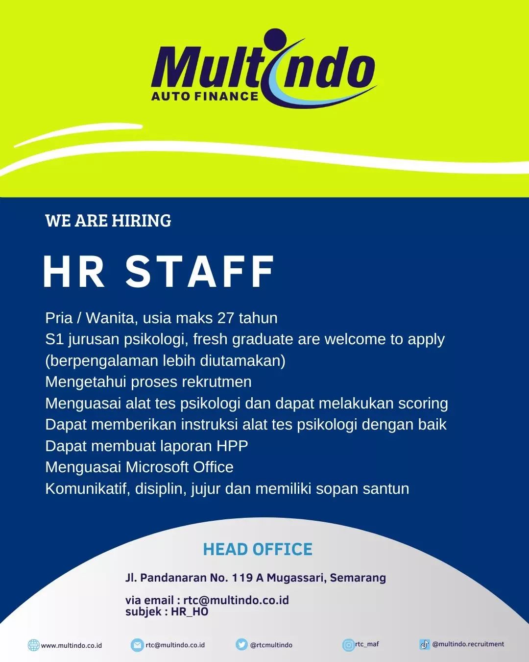 Lowongan Kerja HR Staff di Multindo Auto Finance Semarang