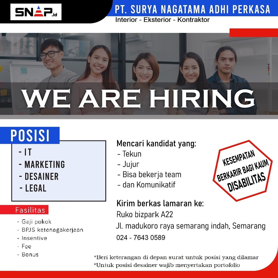 Lowongan Kerja IT, Marketing, Desainer & Staff Legal di Snap.id Semarang
