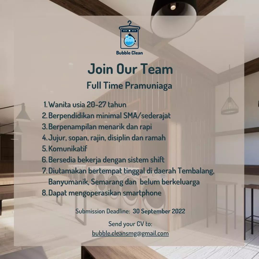 Lowongan Kerja Pramuniaga (full time) di Bubble Clean Semarang