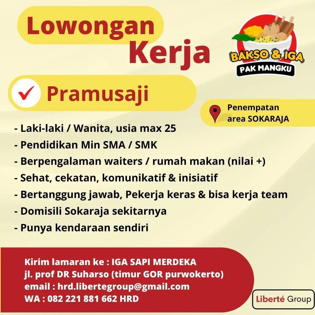 Lowongan Kerja Pramusaji di Bakso Iga Pak Mangku Purwokerto