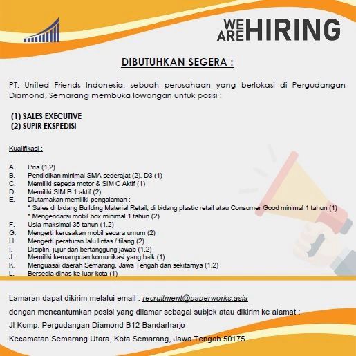 Lowongan Kerja Sales Executive & Sopir di PT. United Friends Semarang