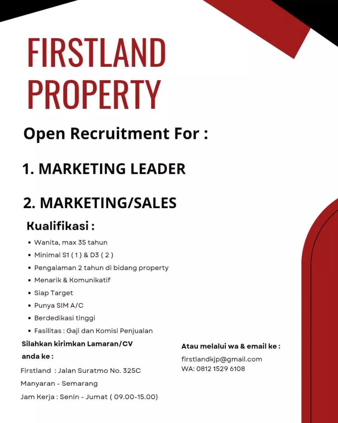 Lowongan Kerja Sales & Marketing Leader di Firstland Property Semarang