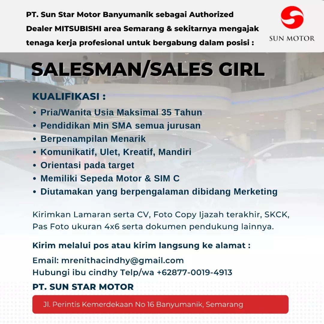 Lowongan Kerja Salesman Sales Girl di PT. Sun Star Motor Semarang