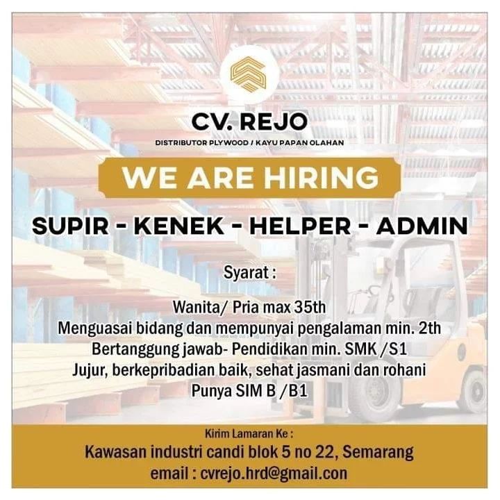 Lowongan Kerja Sopir, Kenek. Helper & Admin di CV. Rejo Semarang