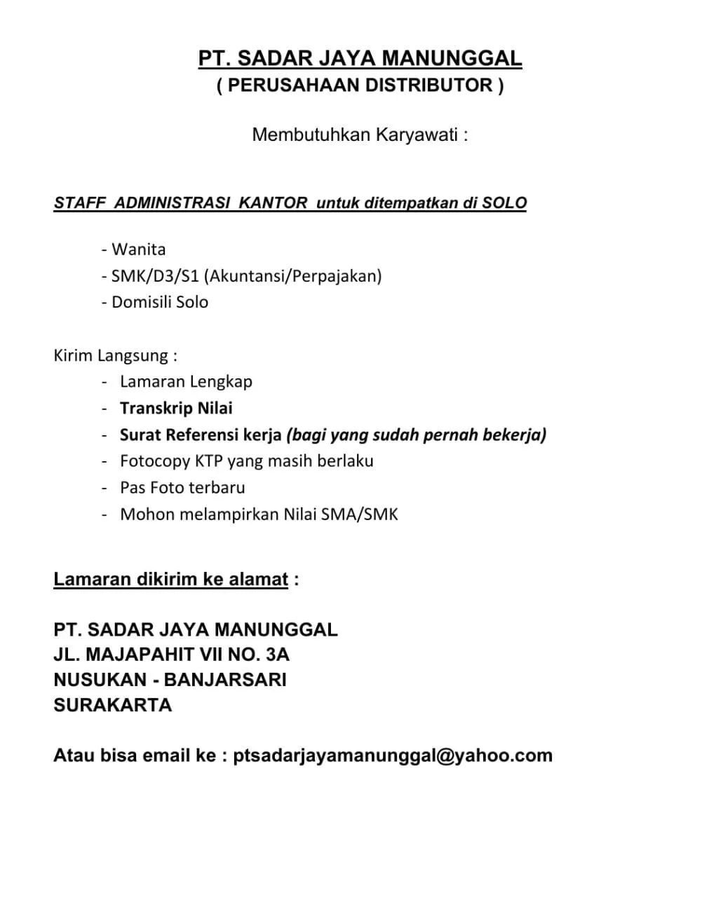 Lowongan Kerja Staff Admin di PT Sadar Jaya Manunggal Solo