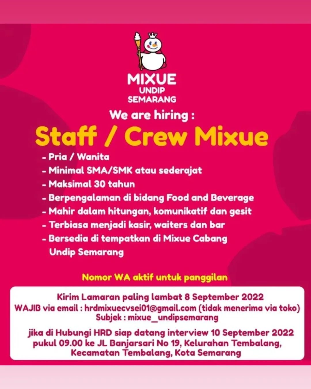 Lowongan Kerja Staff  Crew Mixue di Undip Semarang