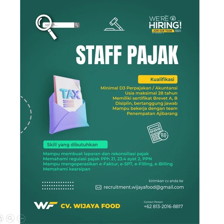 Lowongan Kerja Staff Pajak di CV. Wijaya Food Banyumas