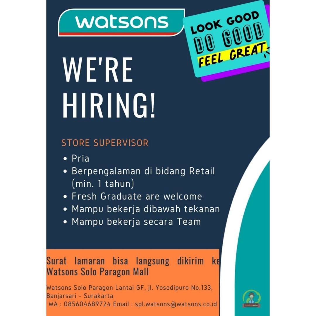 Lowongan Kerja Store Supervisor di Watsons Solo Paragon Surakarta