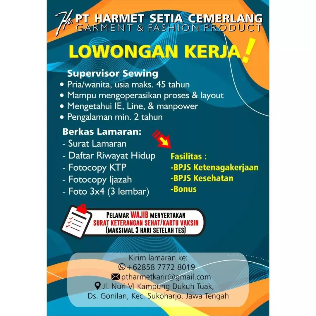 Lowongan Kerja Supervisor Sewing di PT Harmet Setia Cemerlang Sukoharjo