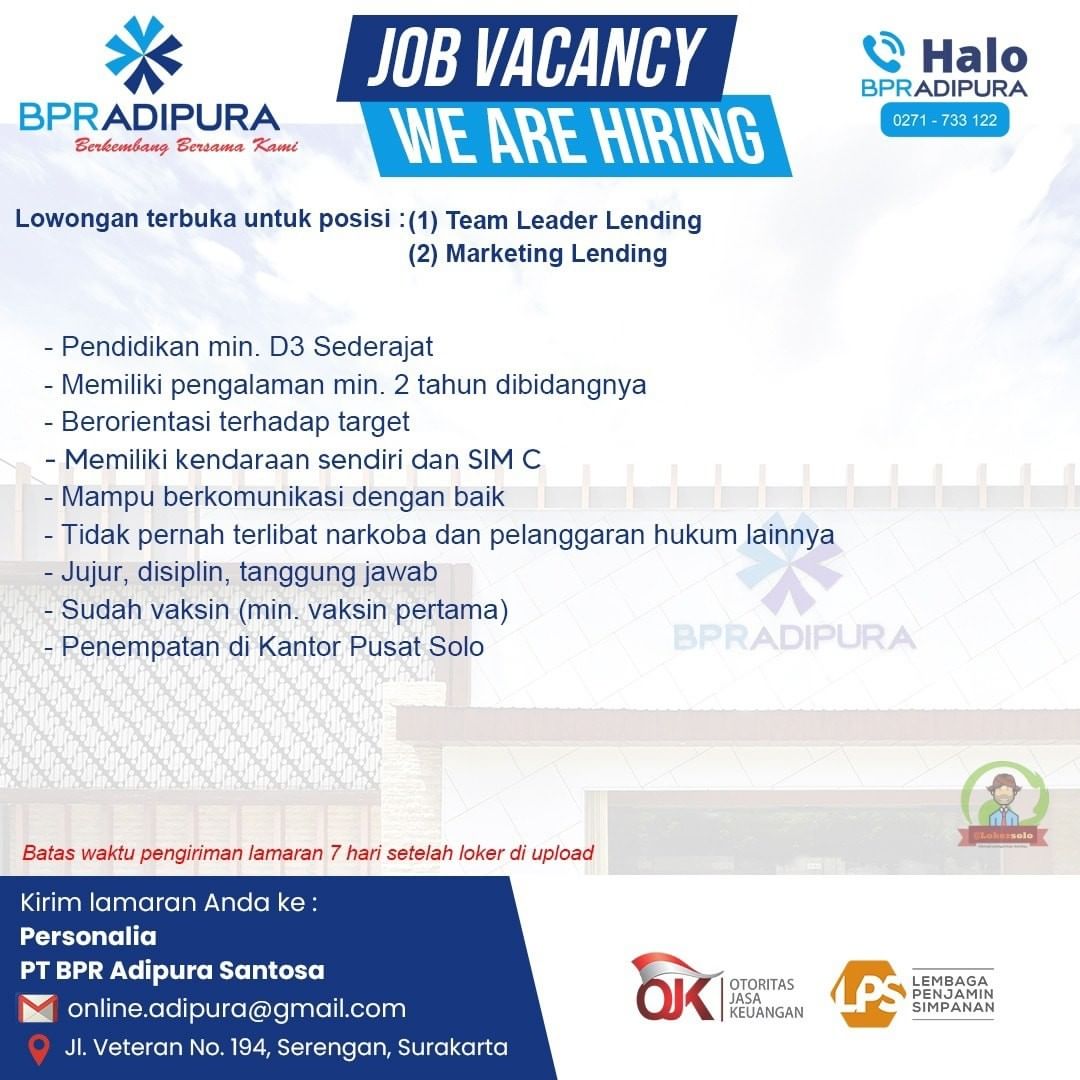 Lowongan Kerja Team Leader & Marketing di BPR Adipura Surakarta