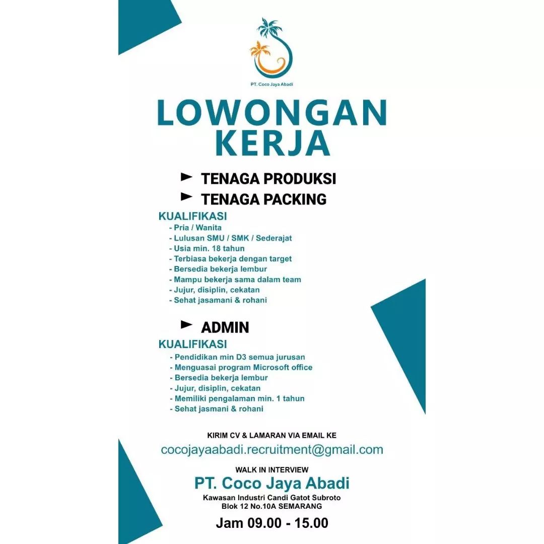 Lowongan Kerja Tenaga Produksi di PT. Coco Jaya Abadi Semarang