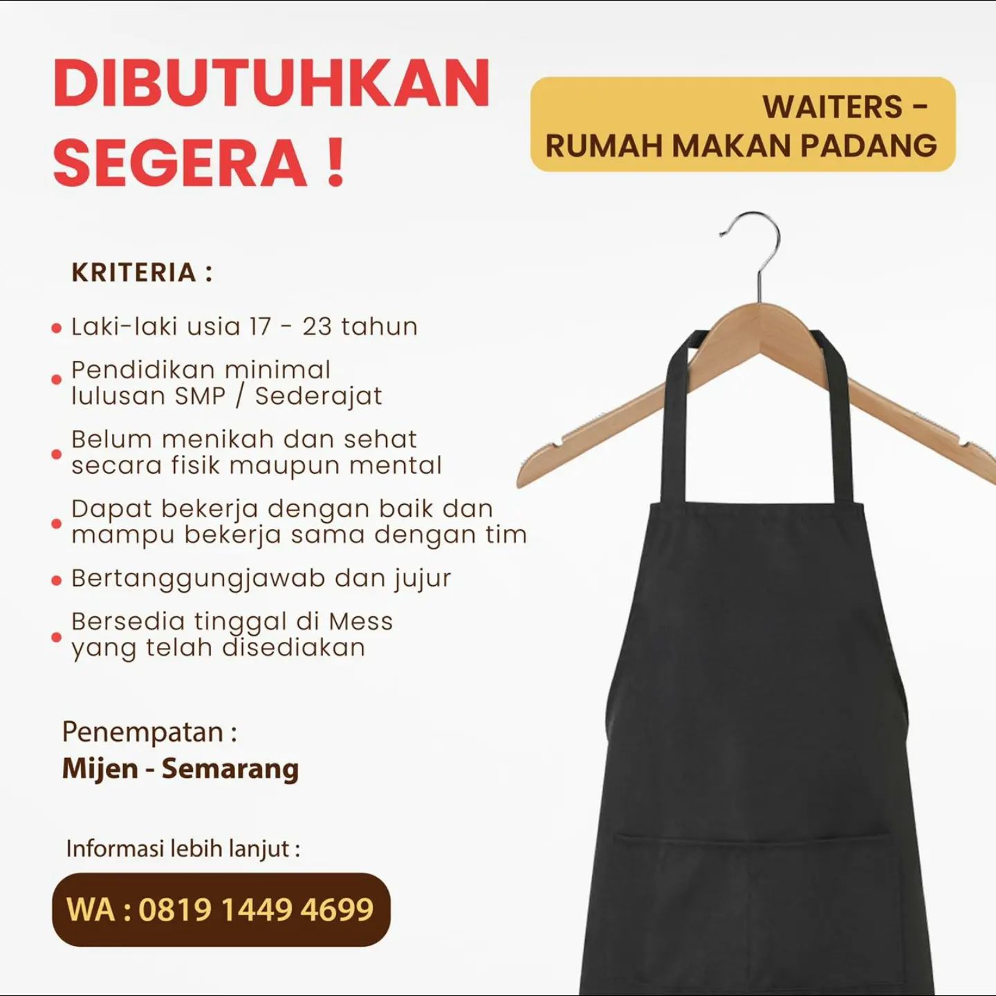 Lowongan Kerja Waiters di Rumah Makan Padang Semarang