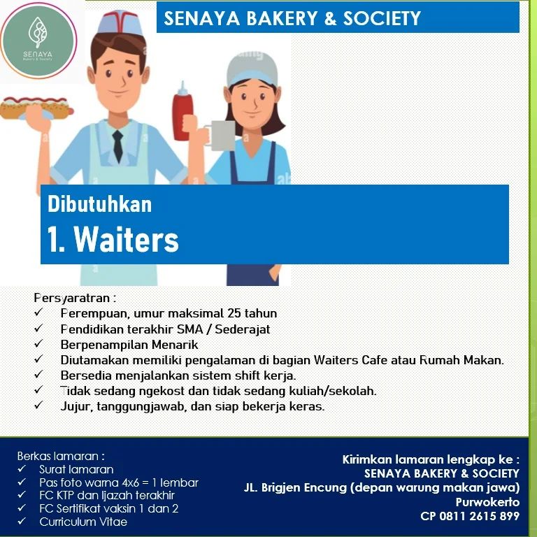 Lowongan Kerja Waiters di Senaya Bakery & Society Purwokerto