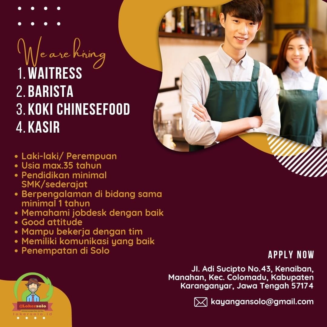 Lowongan Kerja Waitress, Barista & Kasir di Kayangan Solo