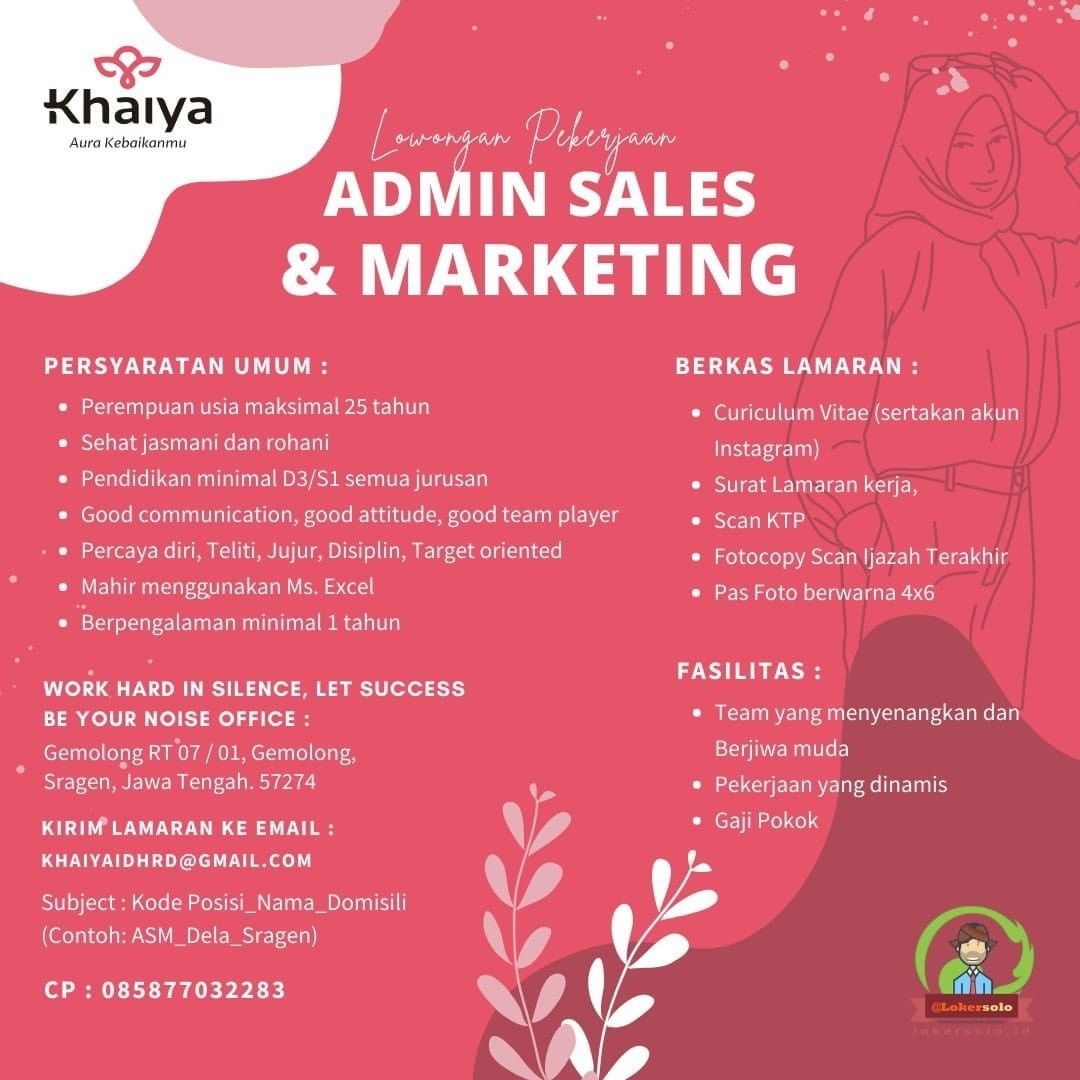 Lowongan Kerja Admin Sales & Marketing di Khaiya Sragen