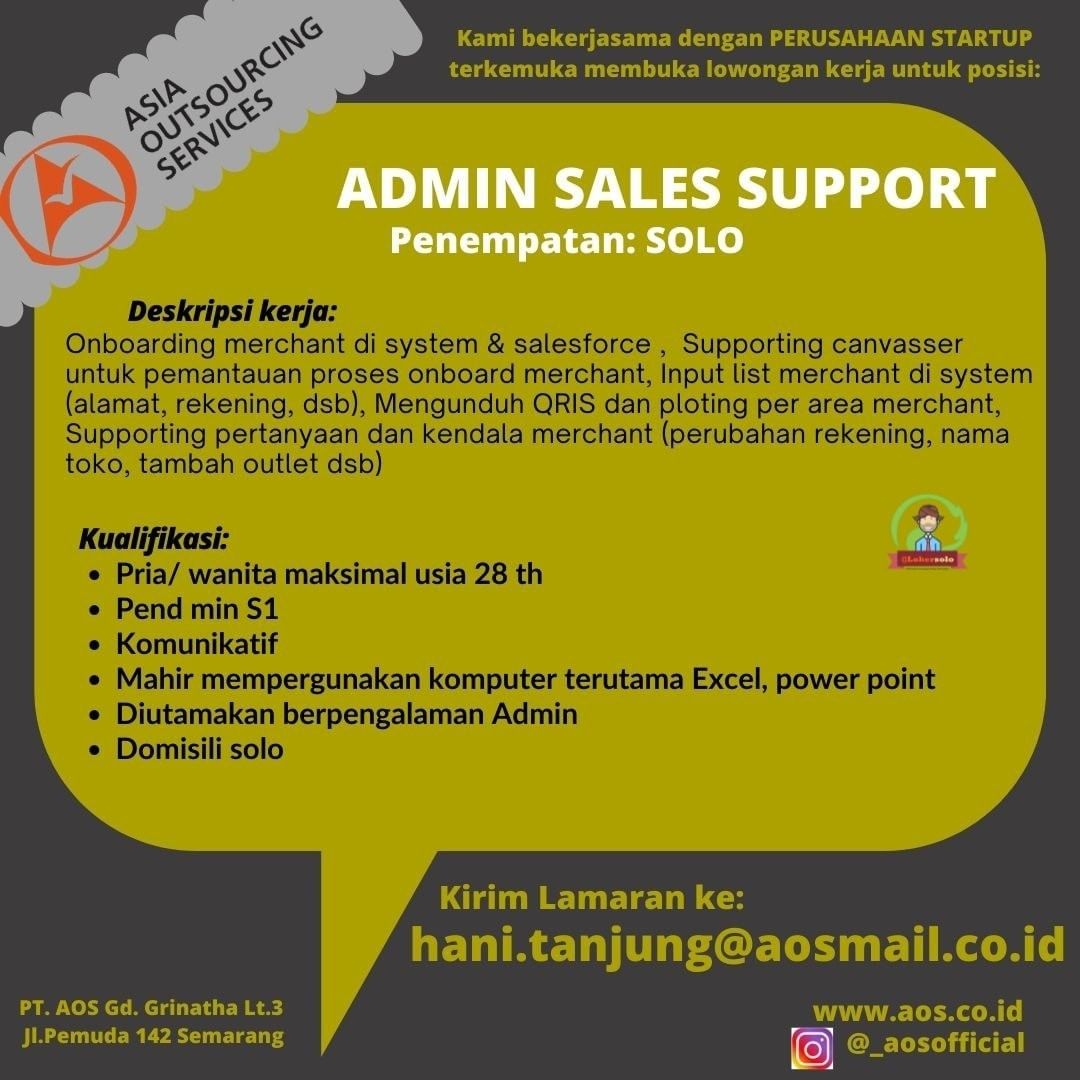 Lowongan Kerja Admin Sales Support di AOS Solo