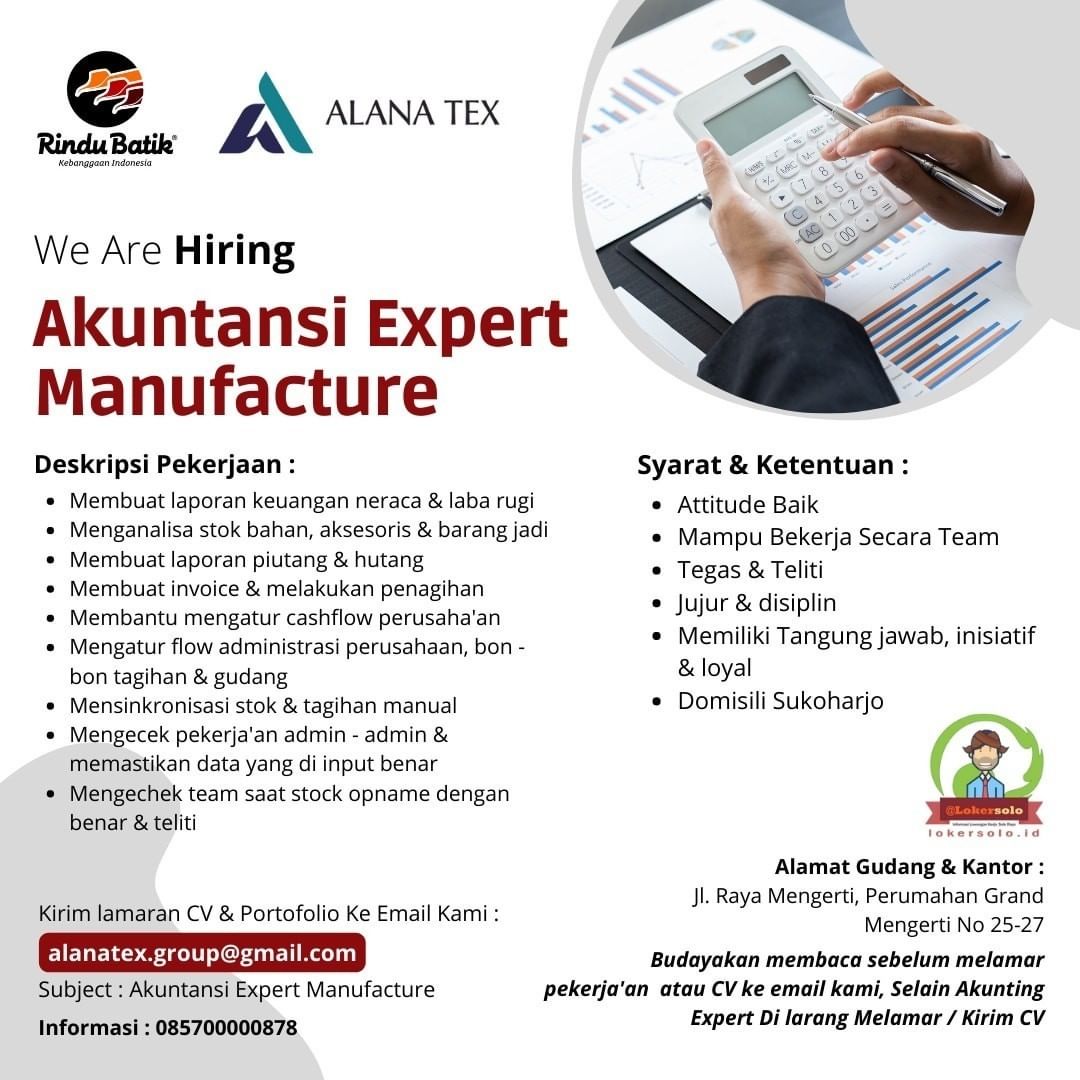 Lowongan Kerja Akuntansi Expert Manufacture di Alana Tex Sukoharjo